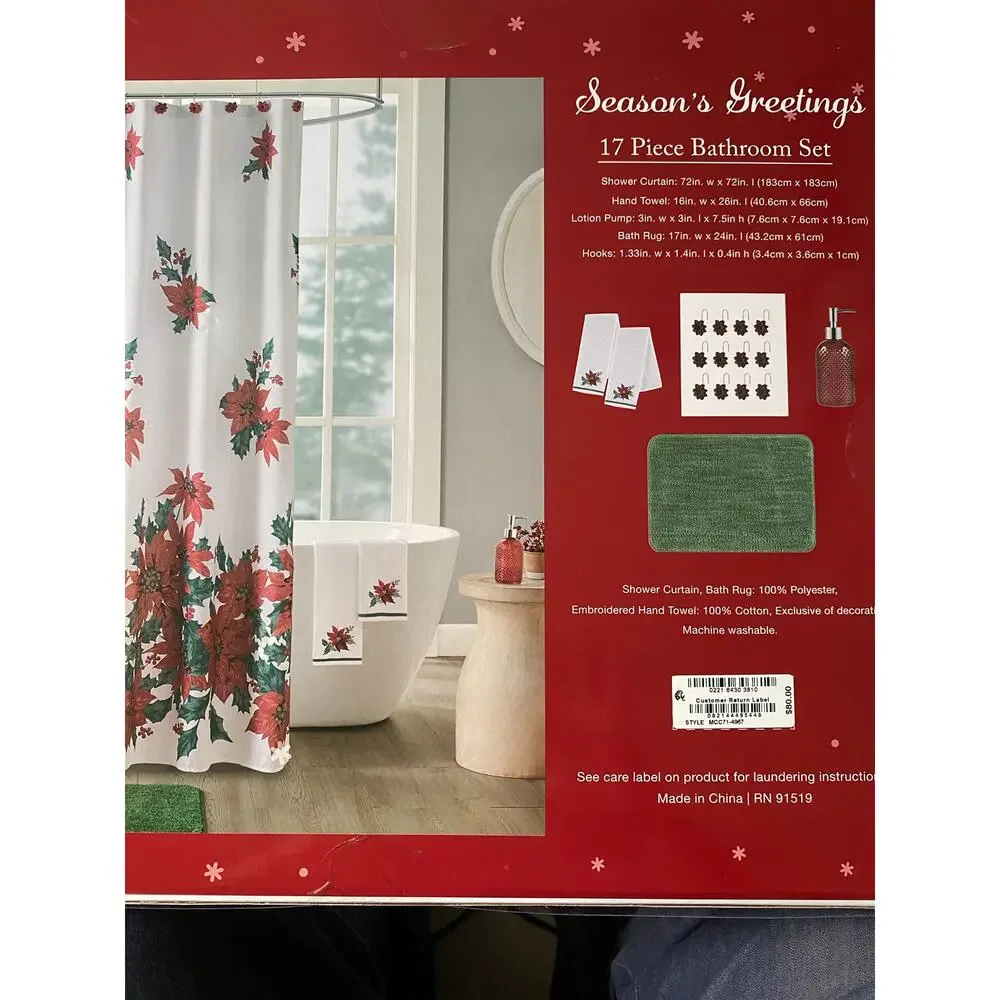Holiday Time 5 Piece Bathroom Set featuring a poinsettia design. New